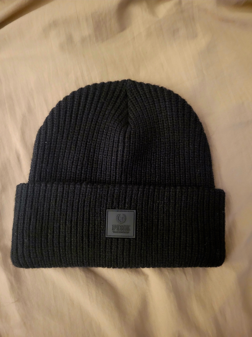 PINK Victoria's Secret Black Ribbed Knit Beanie